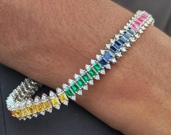 Lab Rainbow Sapphire Sterling Silver Bracelet: Multi-Color Baguette Tennis Bracelet