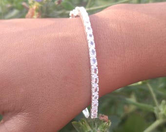 Sterling Silver White Zirconia Tennis Bangle: Handmade Oval Bar Bracelet