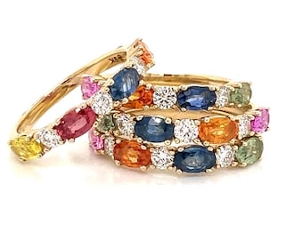 18k Gold Plated Multi Sapphire Ring: Sterling Silver Half Eternity Band