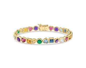 Lab Rainbow Sapphire Tennis Bracelet: 18k Gold Plated Sterling Silver