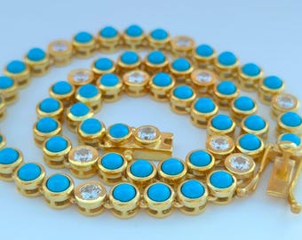 Lab tennisketting turkoois en diamant: 18k verguld zilver