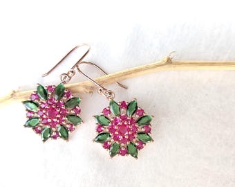 925 Silver Lab Ruby and Emerald Cluster Dangle Earrings