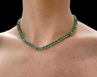 925 Silver Lab Emerald Octagon Tennis Necklace: 14k Gold Plated, Vintage Style