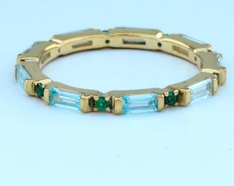 Lab-ring aquamarijn baguette: 18k goud, 925 zilver stapelband