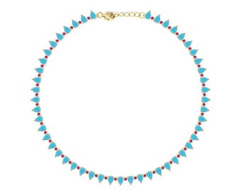 Lab Turquoise & Ruby Pear Tennis Necklace: 925 Sterling Silver