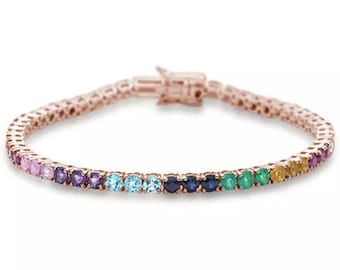 925 Silver Rainbow Lab Sapphire Tennis Bracelet: Ombre Jewelry