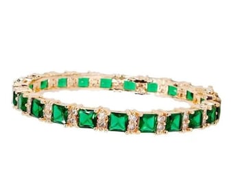 925 Silver Lab Emerald Tennis Bracelet: 14K Gold Plated CZ Square Bracelet