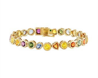 Lab Rainbow Sapphire Tennis Bracelet: 18k Gold Plated Sterling Silver