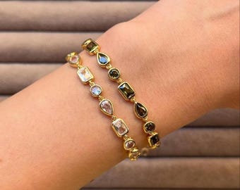 925 Sterling Silver Lab Emerald Tennis Bracelet: Bezel Station, Dainty Minimalist