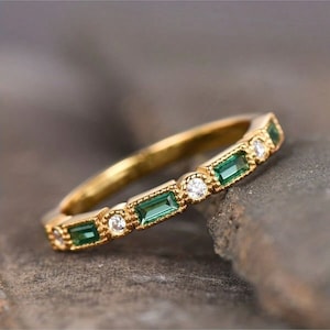 925 Silver Baguette Lab Emerald Wedding Band: Yellow Gold Plated Stacking Ring