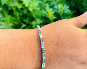925 silver Aquamarine and Lab Emerald Bracelet,Tennis Bracelet,March Birtstone,Aquamarine Bracelet,Aquamarine Jewelry,Gold Bracelet,Gift for