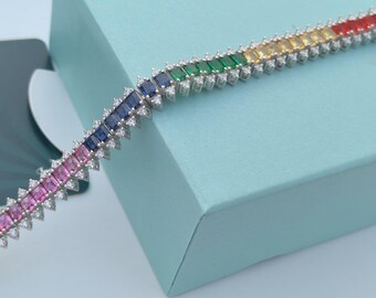 18k Lab Sapphire Baguette Bracelet: Sterling Silver Rainbow Tennis Bracelet