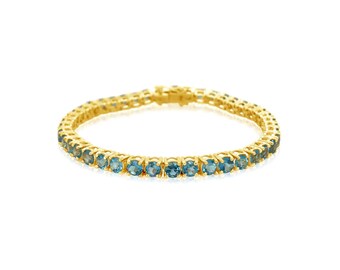 925 Silver Lab Swiss Blue Topaz Bracelet: 14k Gold Bridal Tennis Bracelet