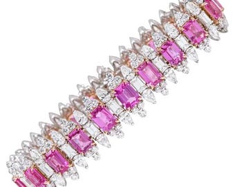 925 Silver Lab Pink Sapphire Tennis Bracelet: 14K Gold Plated, Octagon Cut