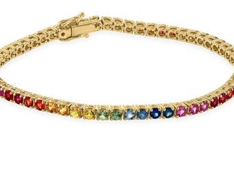 925 Silver Rainbow Lab Sapphire Tennis Bracelet: Ombre Jewelry