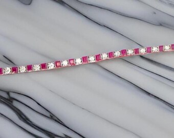 Lab Ruby Tennis Bracelet: 18k Gold Plated 925 Silver, White Topaz Accent