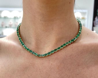 925 Silver Lab Emerald Tennis Necklace: 14k Gold Plated Vintage Necklace