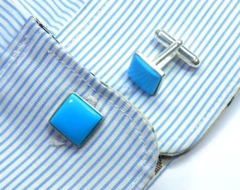 Turquoise manchetknopen doornroosje: vierkante sterlingzilveren bruidssieraden