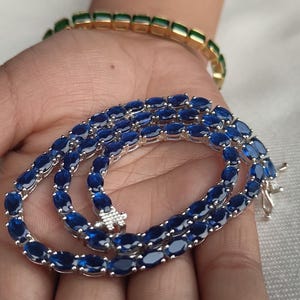 925 Silver Lab Sapphire Tennis Bracelet: Oval Prong Setting