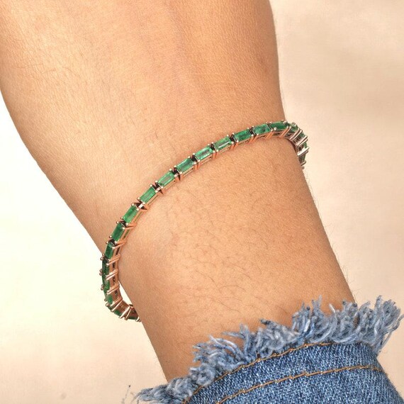 Lab-Created Emerald Tennis Bracelet In Sterling Silver - Green, Adjustable, Italy Made