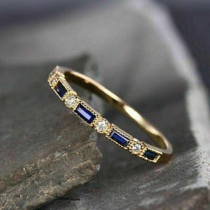 925 silver sapphire Baguette and Round Half Eternity Dainty Minimalist Stackable Band Stacking Ring,vintage delicate anniversary Ring women