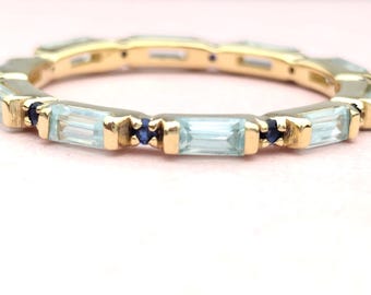 925 Silver Lab Aquamarine Baguette Ring: Dainty Sapphire Stacking Band