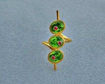 18k Gold Plated Peridot Ring: Sterling Silver Dainty Three Stone Ring