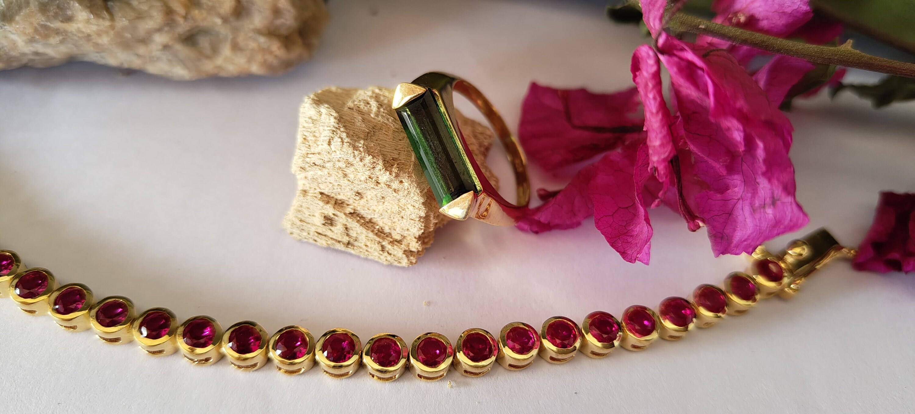 Green Tourmaline & Baguette Diamonds Trilogy Ring