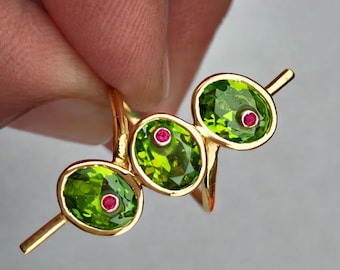 18k Gold Plated Peridot Ring: Sterling Silver Dainty Three Stone Ring