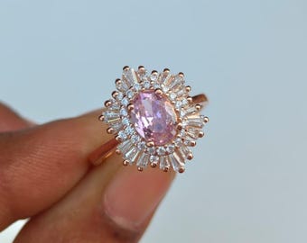 18k Gold Plated Silver Lab Pink Gemstone Halo Ring, Oval Pink Stone Ring in Rose Gold, Diamond Sunburst Ring, Engagement Gift for Her