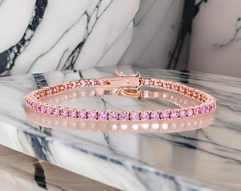 18k vergulde zilveren tennisarmband: labroze saffier, handgemaakt