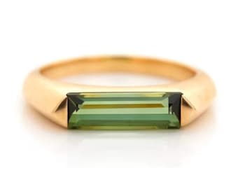 18k Gold Green Tourmaline Baguette Ring: Handmade Cocktail Ring