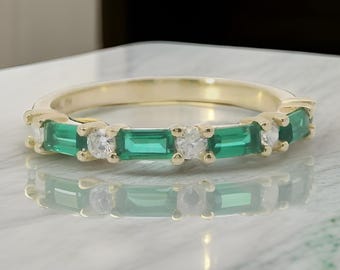 Emerald CZ Wedding Band: 925 Silver Yellow Gold Plated Stacking Ring