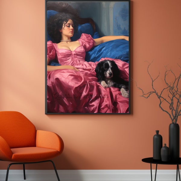 The lady in pink| Vintage wall print| Woman portrait| Cobalt blue art| digital download