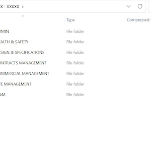 May include: Screenshot of a file management system showing a list of folders. The folders are labeled with numbers and names, such as "1.0 - ADMIN", "2.0 - HEALTH & SAFETY", and "3.0 - DESIGN & SPECIFICATIONS".