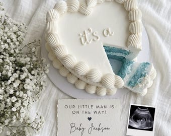 Annuncio di gravidanza per un maschietto, torta blu minimalista per la rivelazione del sesso del bambino, design modificabile su Canva (download digitale)