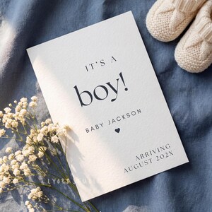 May include: A white card with the text "IT'S A boy!" in a dark blue font, with the name "BABY JACKSON" and a heart symbol. The card also says "ARRIVING AUGUST 202X". The card is next to a sprig of white flowers and a pair of cream-colored baby booties.