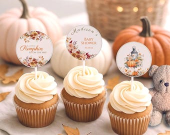 Pumpkin Baby Shower Cupcake Toppers, Editable Fall Theme (Digital Template)