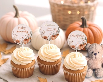 Little Pumpkin Baby Shower Cupcake Toppers, Fall Autumn Harvest Theme, Editable Party Boho Decoration, Printable Digital Template, BSG017