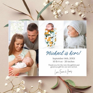Birth Announcement Card and Thank You, Printable Photo Birth Card, Baby Shower Thank You Card, Minimalist, Instant Download, Customizable