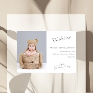 Anuncio de nacimiento con tarjeta de agradecimiento, tarjeta de nacimiento con foto imprimible, tarjeta de agradecimiento de baby shower, minimalista, descarga instantánea, personalizable