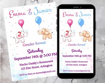 Elephant Gender Reveal Invitation Template, Watercolor Balloons (Digital Download)