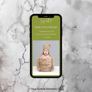 Tarjeta de anuncio de nacimiento con foto, anuncio de nacimiento móvil, tarjeta de agradecimiento de baby shower, descarga instantánea, electrónica digital personalizable