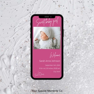 Anuncio de nacimiento minimalista moderno de niña, tarjeta de anuncio de nacimiento con foto, descarga instantánea, evitación electrónica digital móvil personalizable