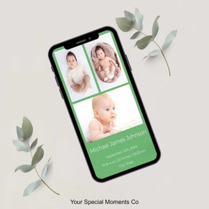 Plantilla de anuncio de nacimiento móvil, tarjeta de nacimiento con foto, género neutro, bebé niño, niña, descarga instantánea, electrónica digital personalizable