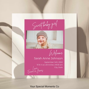 Anuncio de nacimiento con tarjeta de agradecimiento, tarjeta de nacimiento con foto imprimible, tarjeta de agradecimiento de baby shower, minimalista, descarga instantánea, personalizable