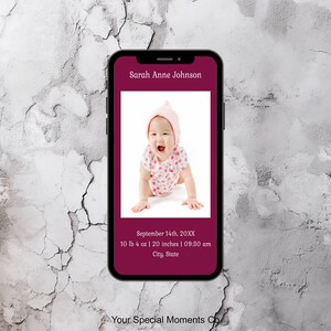 Digitale geboorteaankondiging, afdrukbare foto-geboortekaart, bedankkaart voor babyshower, direct downloaden, aanpasbare elektronische mobiel