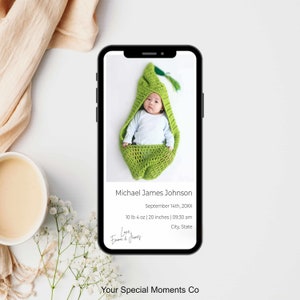 Anuncio de nacimiento móvil, tarjeta de nacimiento con foto imprimible, tarjeta de agradecimiento de baby shower, descarga instantánea, electrónica digital personalizable
