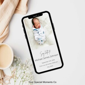 Anuncio de nacimiento de género neutro, anuncio de nacimiento móvil, tarjeta de nacimiento con foto de recién nacido, descarga instantánea, electrónica digital personalizable