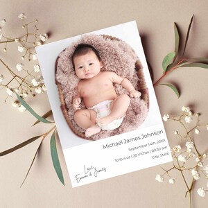 Anuncio de nacimiento con tarjeta de agradecimiento, tarjeta de nacimiento con foto imprimible, tarjeta de agradecimiento de baby shower, minimalista, descarga instantánea, personalizable